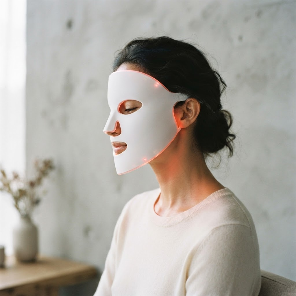 Femme de profil portant le masque LED, lumière rouge sur le cou